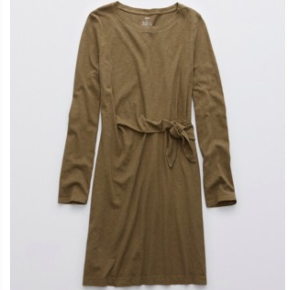 Aerie Women L Olive Green Cotton Casual Long Sleeve Side Tie T-Shirt Dress - Picture 2 of 12